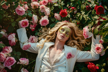 beautiful long hair blonde man lies in the garden of pink and red roses, wearing white silk suit and golden half face mask , eyes closed, romantic atmosphere, in the style of fantasy