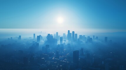 Fototapeta na wymiar Smog-filled city skyline transitioning to clear blue skies