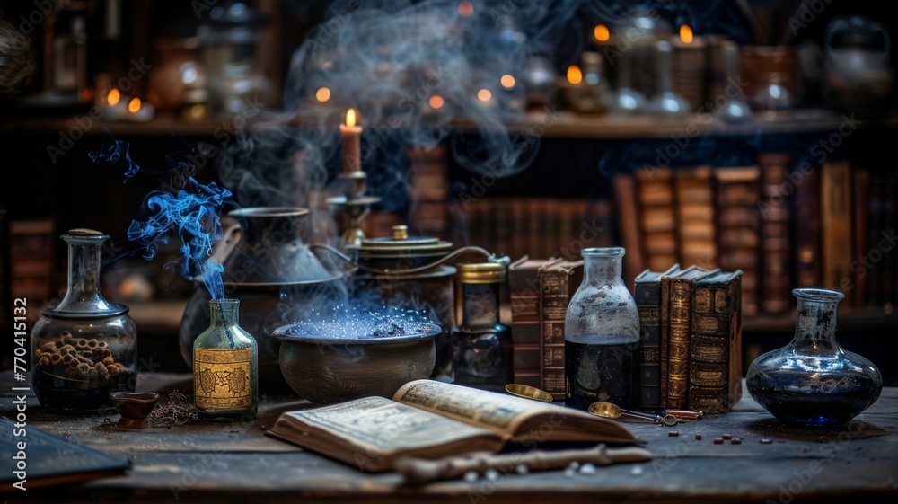 Wall mural wizards brewing magical potions, spell books and bubbling cauldrons, mystical lab