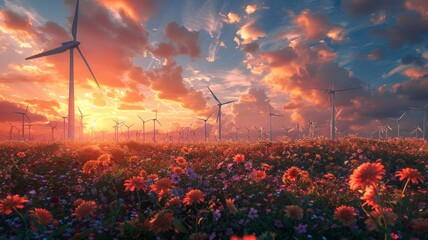 Wind turbines in blooming flower fields - obrazy, fototapety, plakaty
