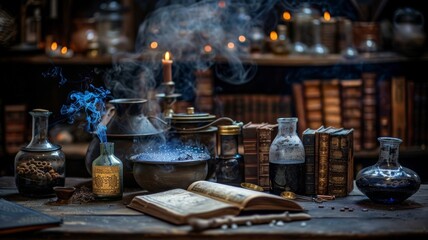 Fototapeta na wymiar Wizards brewing magical potions, spell books and bubbling cauldrons, mystical lab