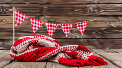 A red and white blanket with a checkered pattern is draped over a wooden table. The table is surrounded by red and white flags, creating a festive atmosphere
