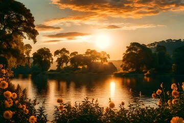 Mesmerizing lakeside sunset, with the sun casting a golden sheen over the serene water, verdant trees, and a tapestry of vibrant flowers. - obrazy, fototapety, plakaty