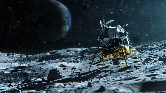An artist's rendering of India's lunar exploration mission, featuring a spacecraft on the moon's surface (3d graphic).