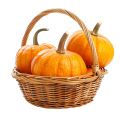 Fresh pumpkins in basket isolated on transparent background 