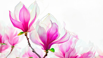 Transparent fuchsia pink magnolia flowers on white background, translucent alcohol ink colors and acrylic painting. For invitation card.