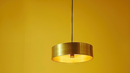 a hanging brass pendant lamp, yellow background, product photo  