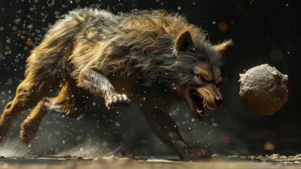 3D rendered of Werewolf playing fetch with itself, throwing and chasing the stick