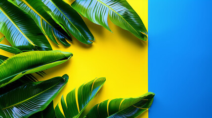 A yellow and blue background with green leaves in the foreground. The leaves are arranged in a way that creates a sense of movement and energy. The colors of the leaves