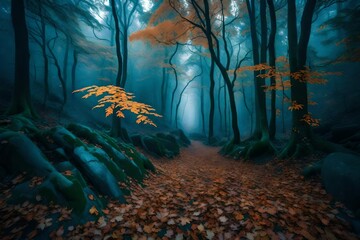 Amidst the blue haze of a mystical October forest, the enchanting trees display their fiery...