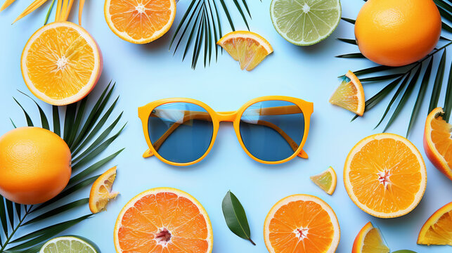 A pair of sunglasses is placed on top of a pile of oranges and limes. Concept of relaxation and leisure, as the sunglasses suggest a sunny day and the fruits represent a healthy snack
