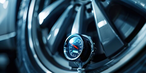 Close-up view of a tire pressure gauge on a car's wheel. - obrazy, fototapety, plakaty