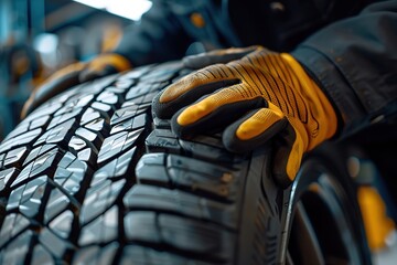 A mechanic with gloves checks tire tread at a service station.