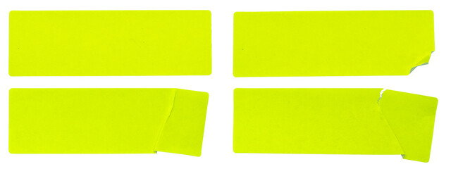 A set of fluorescent neon yellow rectangular paper sticker label isolated on white background.
