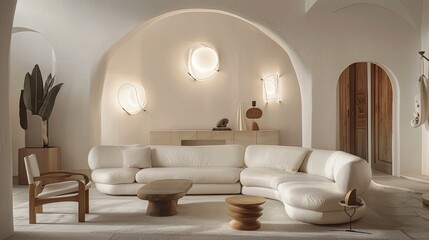 a living room with a Curved white leather sofa, chairs and two circular wall lights, wooden furniture, in the style of minimalist line art, minimalist sculptor, 