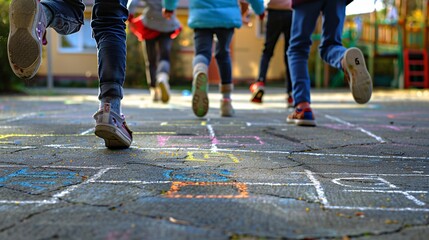 Playing a traditional jump game with chalk markings on a hard surface, symbolizing childhood innocence and enjoyment during school breaks. - 770416539