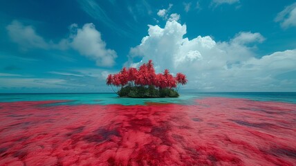 Blue ocean island paradise amidst a sea of red competition - obrazy, fototapety, plakaty
