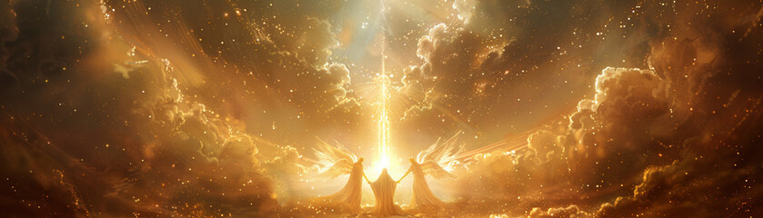 The golden gate to heaven, guarded by ethereal angels, shines with a light that transcends the earthly plane.