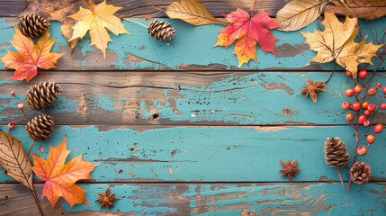 A blue background with a frame of autumn leaves and pine cones. Scene is warm and cozy, with a sense of the season changing - obrazy, fototapety, plakaty