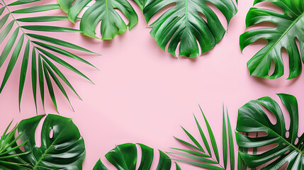 A close up of a leafy green plant with a pink background. The leaves are large and spread out, creating a sense of depth and movement. The pink background adds a pop of color and contrast to the image - obrazy, fototapety, plakaty