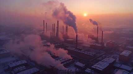 Industrial metal factory emitting pollutants at sunrise captured in aerial photography revealing negative impact on environment.