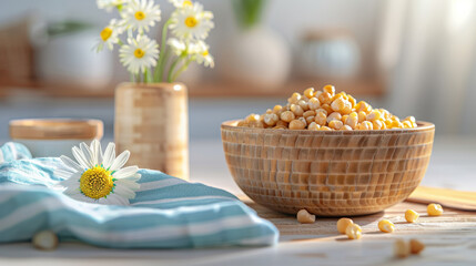 A bowl of nuts sits on a table next to a vase of flowers. The bowl is filled with almonds and cashews, and the flowers are yellow and white. The scene is simple and peaceful, with the bowl - obrazy, fototapety, plakaty