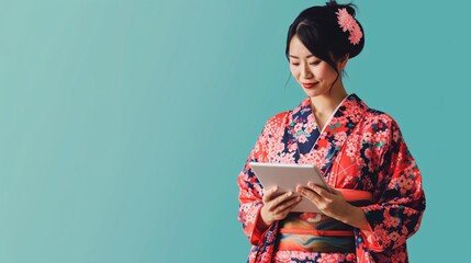 Japanese female using tablet device on solid background.