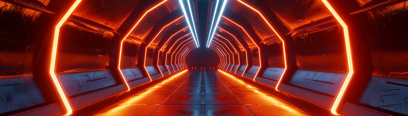 The perspective of walking through a futuristic tunnel, where orange neon lights guide the path, is breathtaking. - obrazy, fototapety, plakaty
