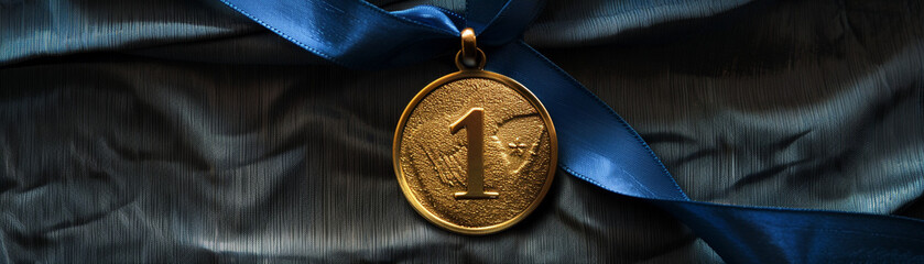 The number one on a gold medal, draped by a blue ribbon, stands as a beacon of victory and unparalleled achievement. - obrazy, fototapety, plakaty