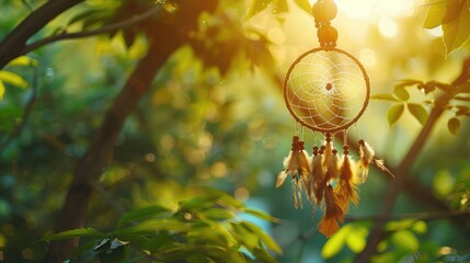 Vintage image of Dreamcatcher on the tree with green natural blurred bokeh background, Dream catcher , Symbol woman native feather catcher background luck indian dreamcatcher beauty dream forest natu
 - obrazy, fototapety, plakaty