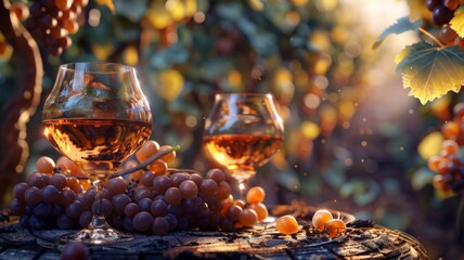 Brandy snifters by grape harvest 3D depiction - obrazy, fototapety, plakaty