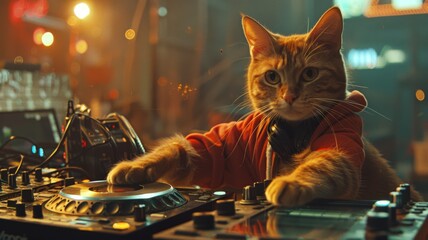 Cats DJing at a rooftop party - obrazy, fototapety, plakaty