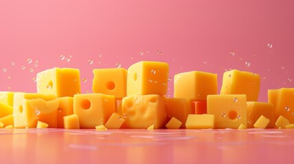 Cheddar blocks with dairy backdrop 3D render - obrazy, fototapety, plakaty