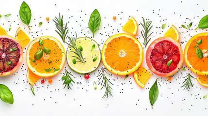 A row of oranges and limes with leaves on top. The oranges are in different colors and sizes - obrazy, fototapety, plakaty