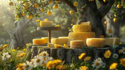 Cheese wheels by cow pasture 3D structure - obrazy, fototapety, plakaty