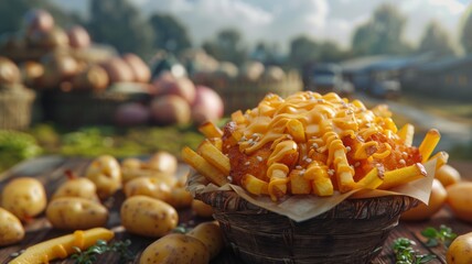 Cheese fries beside potato farm 3D vision - obrazy, fototapety, plakaty