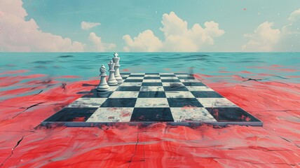 Chessboard floating on a red ocean with blue ocean horizon - obrazy, fototapety, plakaty