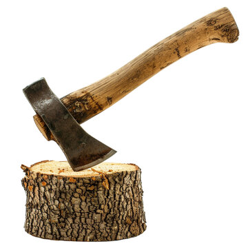 Old axe stuck in log on transparent background 
