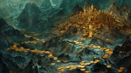 Fantasy map leading to a mountain of coins