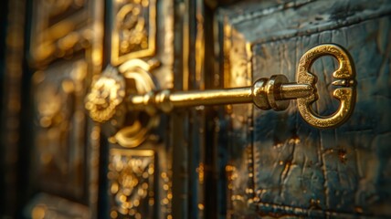 Golden key unlocking a door to a treasury room - obrazy, fototapety, plakaty