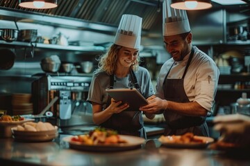 Two restaurant workers using a touchscreen tablet together, Generative AI