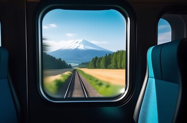 Naklejka premium driving through the mountains. view from the window. view of the natural landscape, palm trees, sea from the train window the concept of a vacation trip in the background. Train travel, vacation