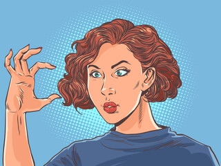 The girl shows the size with her hand. Estimate the size of an object in your head. Small volume in hand. Pop Art Retro