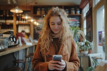 Young woman using smartphone for online shopping in a coffee shop, Generative AI