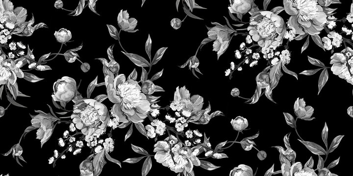 Seamless realistic pattern drawn with pink peonies in a classic oriental style