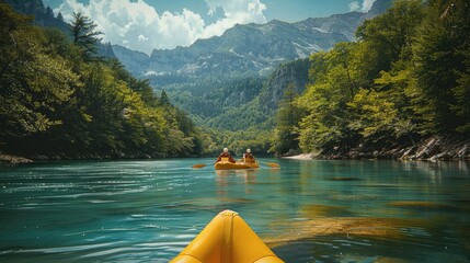 Rafting river with boat and forest clear water mountain. Generative AI. - obrazy, fototapety, plakaty