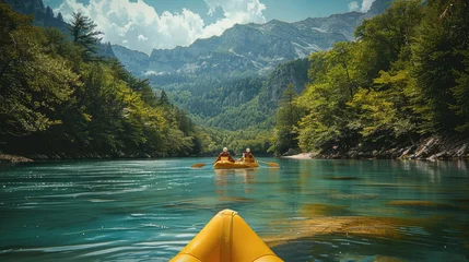 Fototapeten Rafting river with boat and forest clear water mountain. Generative AI. © visoot