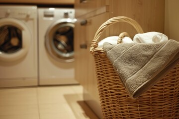 Fototapeta na wymiar Laundry room interior with washing machine and basket of towels.