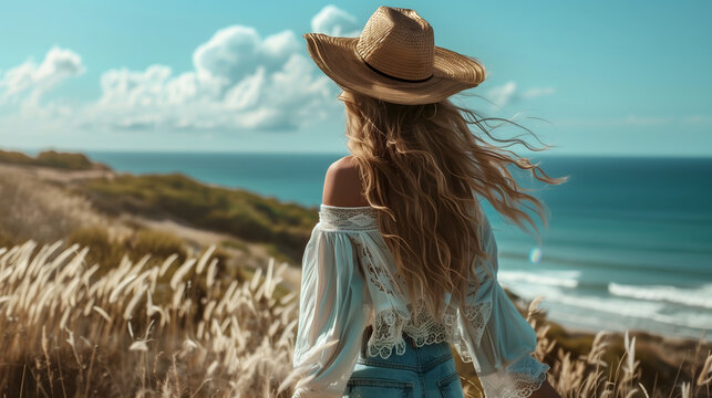 Beautiful cowgirl in boho fashion outfit, coastal background.