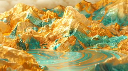 Golden green three-dimensional landscape painting illustration background